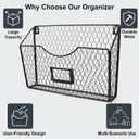 PAG 3 Pockets Hanging File Holder Wall Mount Mail Organizer Metal Chicken Wire Magazine Rack with Tag Slot, Black