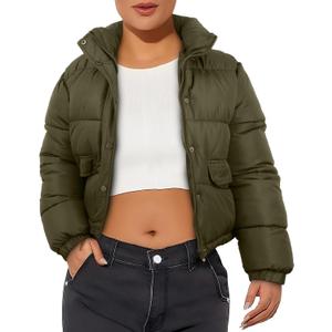Women's Winter Cropped Puffer Jacket Coat Short Warm Quilted Fashion Jacket (Green, M)