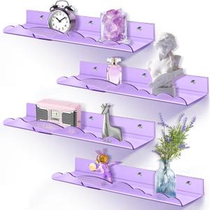 Rainbow Acrylic Floating Shelves, 15in Kids Wall Mounted Nursery Bookshelves, Display Ledge for Books Toys Cosmetic Storage, Bathroom Bedroom Living Room Wall Organizer, 4 Pack, Purple, 40cm, 4 Pack