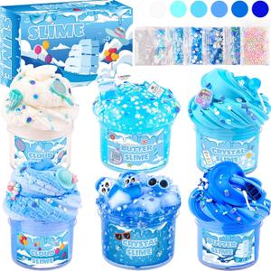 6 Pack Slimes Kit, Blue Slime Kids, Cloud Butter & Clear Slime, Party Favors, Toys for Girls Boys Ages 8-12, Goodie Bag Stuffers, Birthday Gift Ideas Cute Stuff
