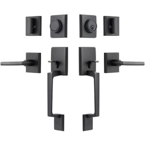  Door Lock Set Double Door Handle Sets with Deadbolt Black Entry Door Locksets Single Cylinder HandleSet with Straight Handle Lower Half Grip Matte Black Double Door Handleset with Dummy