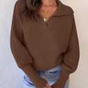 ZESICA Women's Fall Lapel Collar V Neck Long Sleeve Ribbed Knit Comfy Loose Casual Pullover Sweater Jumper Top (Brown, S)