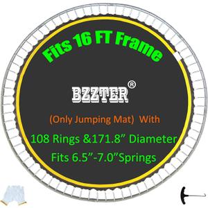 Replacement Trampoline Mat Fits 16 Foot Frame 171.9/14.31ft Diameter with 108Rings,Fits 6.5-7.0" Spring,w/Pull Hook and Gloves
