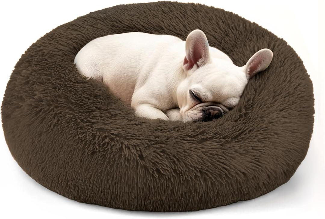 Hoewina Dog & Cat Bed, 20in Cat Beds for Indoor Cats, Calming Donut Bed for Puppy and Kitten, Washable Round Fluffy Pet Bed for Small Medium Dogs and Cats (Coffee)