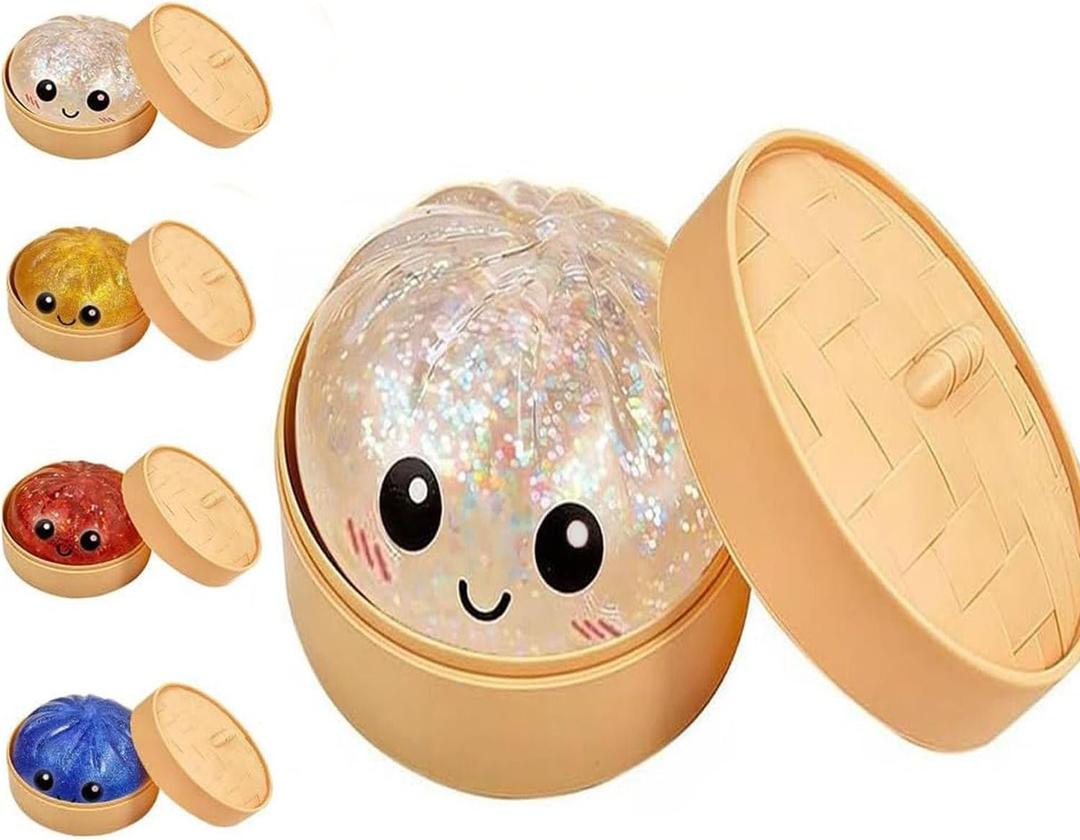 Glitter Dumpling Squishy, 2026 New Bun Squeeze Stress Relief Ball with Steamer Box for Stress Relief, More Surprises (White)