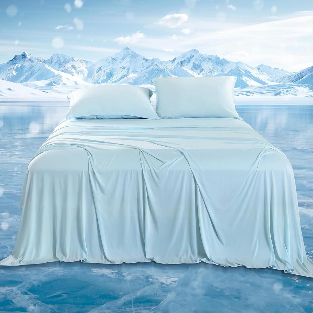 DOWNCOOL Cooling Sheets Queen, Cooling Bed Sheets for Hot Sleepers and Night Sweats, Q-Max>0.4, 4-Piece Soft & Breathable Summer Queen Sheet Set, 15" Deep Pocket with Elastic, Blue