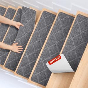 MBIGM 8" X 30" (15 in Pack) Non-Slip Carpet Stair Treads Non-Skid Safety Rug Slip Resistant Indoor Runner for Kids Elders & Pets with Reusable Adhesive - Dark Gray Diamond Weave