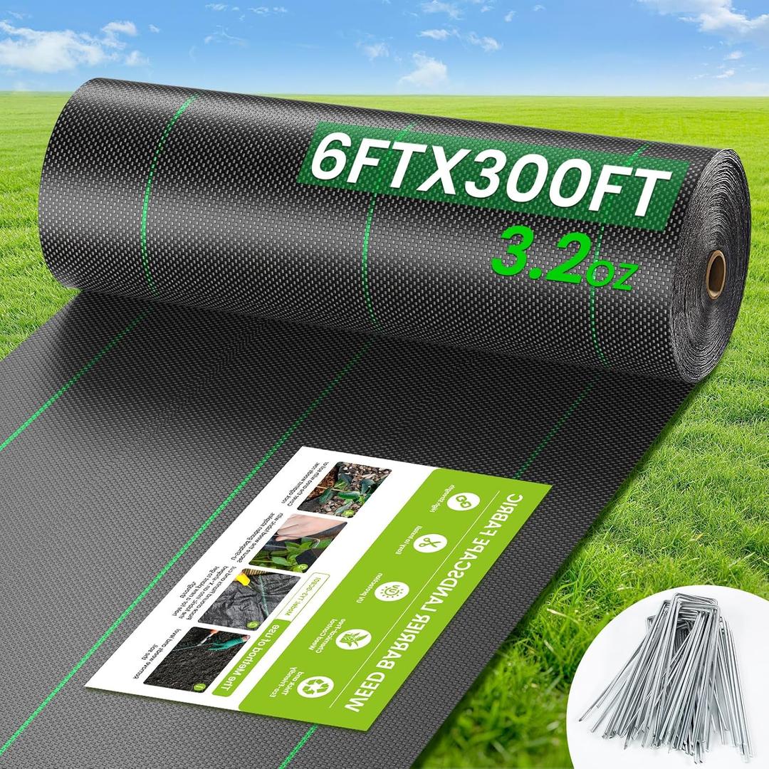 6FT x 300FT Weed Barrier Fabric, 3.2oz Landscape Fabric, Premium Weed Barrier Fabric Heavy Duty with 20 U-Shaped Securing Pegs for Greenhouse Floors, Flower Bed, French Drain, Construction Project