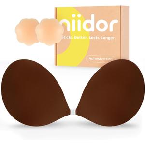 Niidor Adhesive Bra Strapless Ultra Sticky Invisible Push up Silicone Bra Multiple Colors Sizes Reusable for Backless Dress (Coffee)