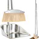 VOOWO Broom with Dustpan Combo Set, 46" Stainless Steel Broom and Dustpan Set for Home, Heavy Duty Dust Pan with Long Handle, Broom for Sweeping Indoor and Outdoor, Kitchen Broom and Dust Pan (Khaki)