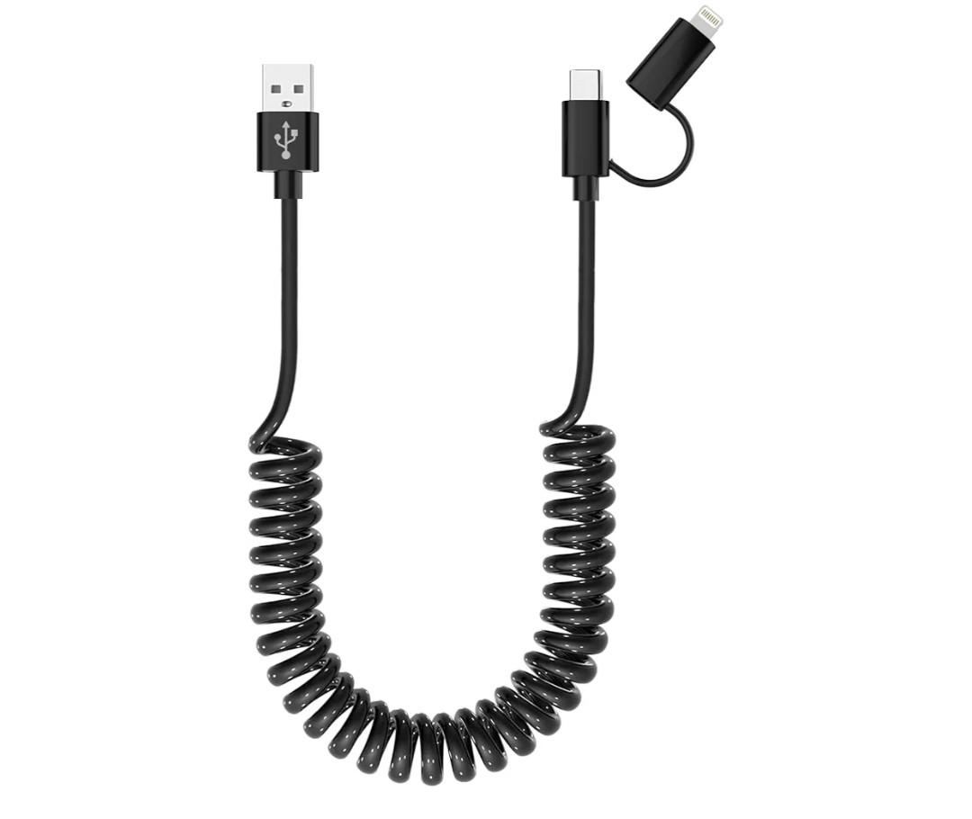USB to USB-C and Lightning Cable Combo 2 in 1 Coiled Cable Support Apple Carplay & Android Auto [MFi & 3A Fast Charge & Data Sync] Coiled Lightning and USB C Cable for iPhone 17/16/15/14/13/12/Android (2)
