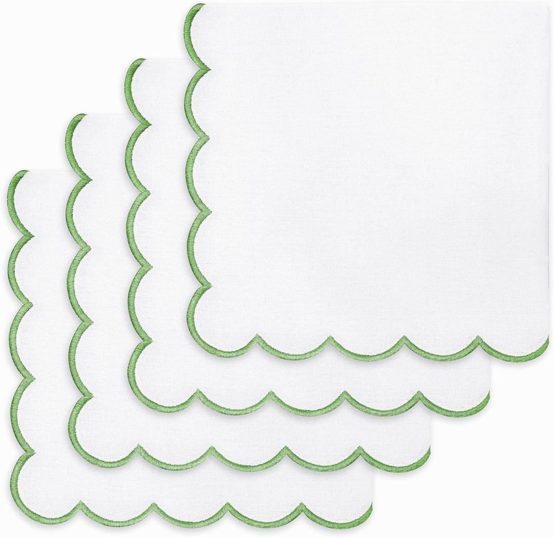 PurpleEssences Scalloped Embroidery Cloth Napkins - Spring Easter Summer - Table Decor - 100% Cotton - Set of 4-18x18 inch - White - Edges - Sage Green