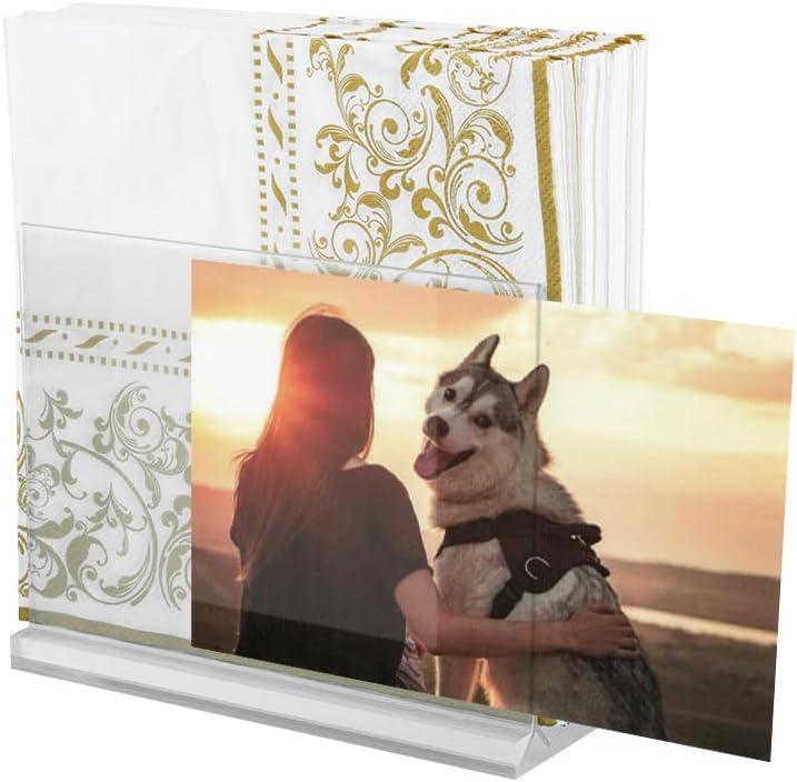 2 x Napkin Holder for Table, Clear Napkin Holder Can Display Photos, Lucite Cocktail Napkin Dispenser for Party,Kitchen, Office, Restaurant, Business, Acrylic Mail Holder Countertop