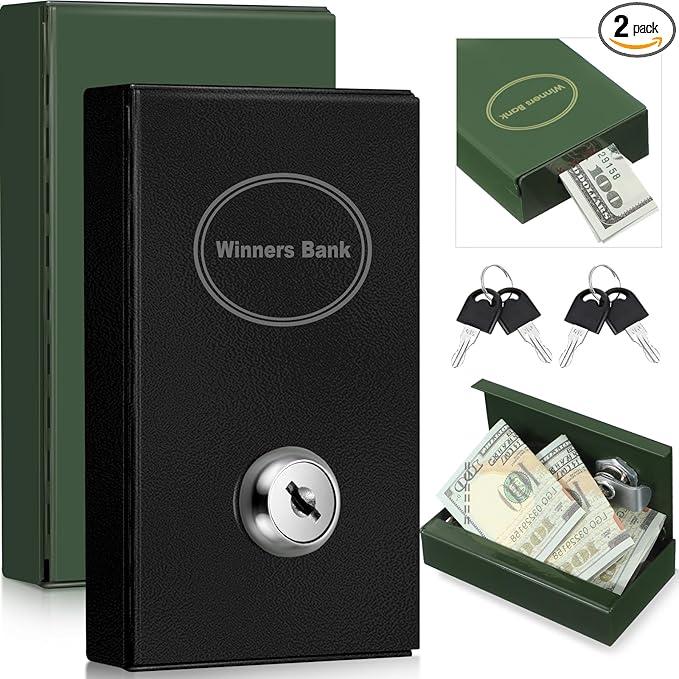 Reallnaive 2 Pack Metal Cash Box for Gamblers Portable Winner Bank Casino Cash Box with 2 Keys Pocket Sized Casino Money Safe Strongbox for Money Saving Gifts Go Home Travel(Black)