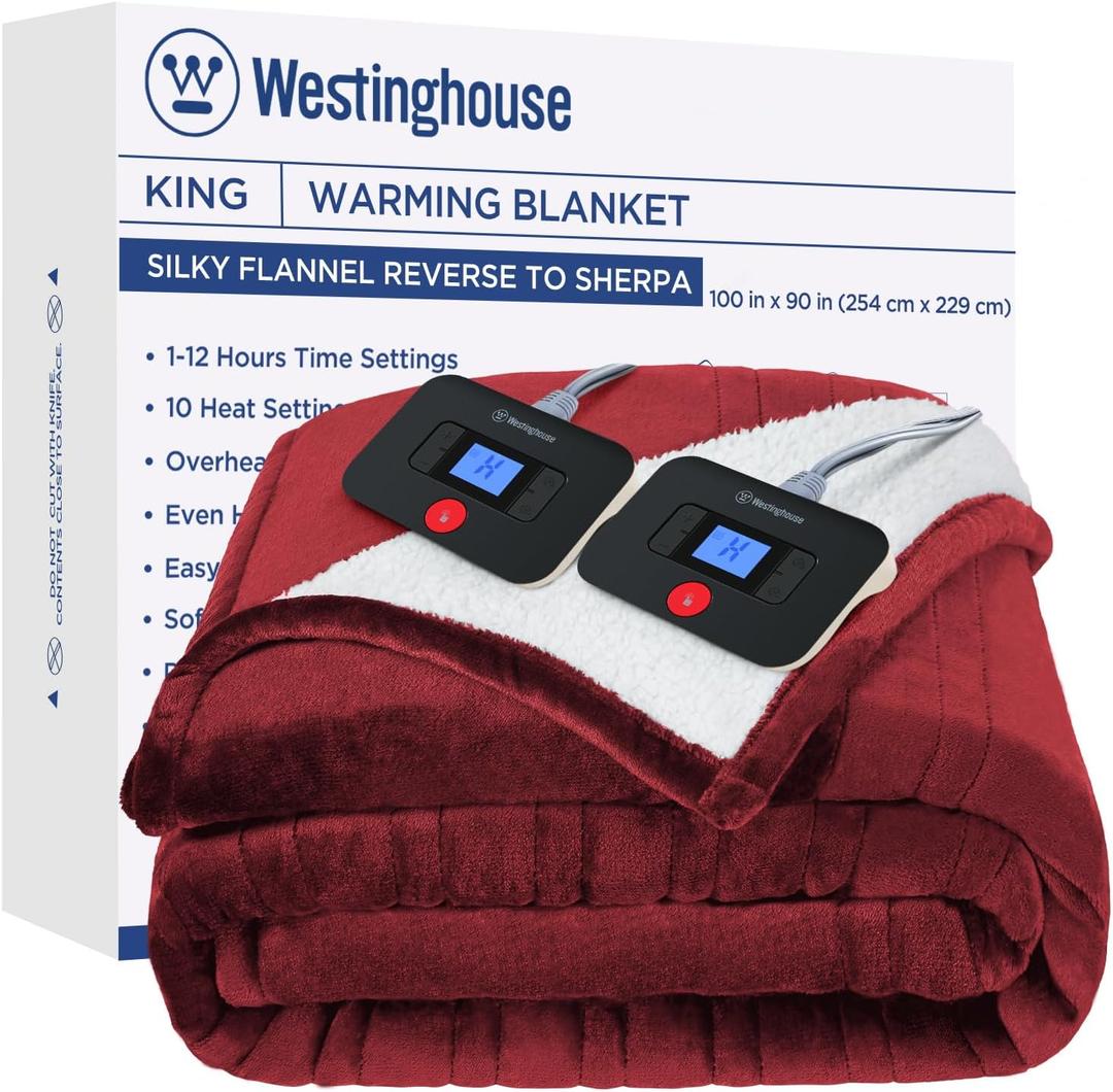 Westinghouse Electric Blanket King, Heated Blanket King Size with 10 Heating Levels and 1 to 12 Hours Heating Time Settings, Flannel to Sherpa Reversible, Machine Washable (90" x 100", Red)
