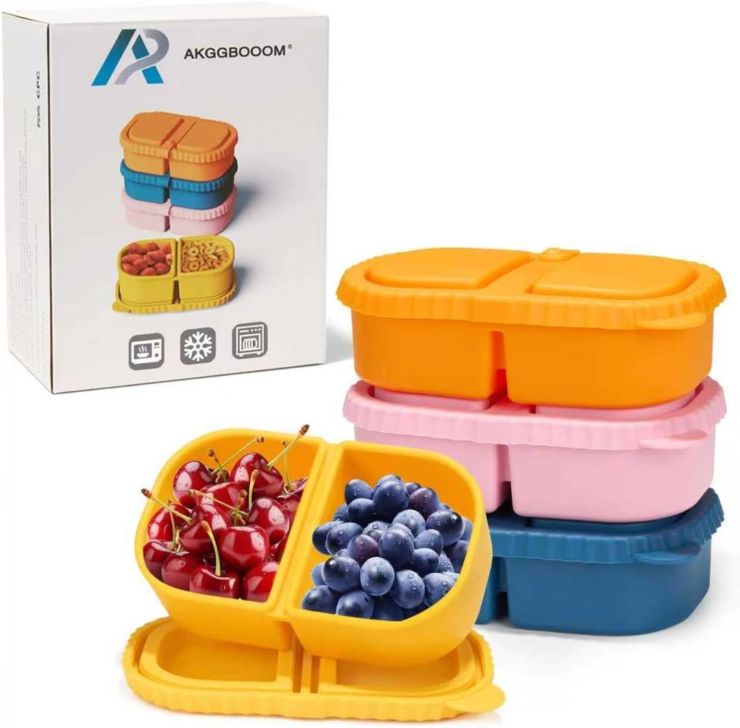 4 Pack 8.5oz 2-Compartment Snack Containers, Kids Snack Container with Leakproof Lids, Small Silicone Bento Box & Fruit Containers for Lunchbox, School, Travel, and Meal Prep