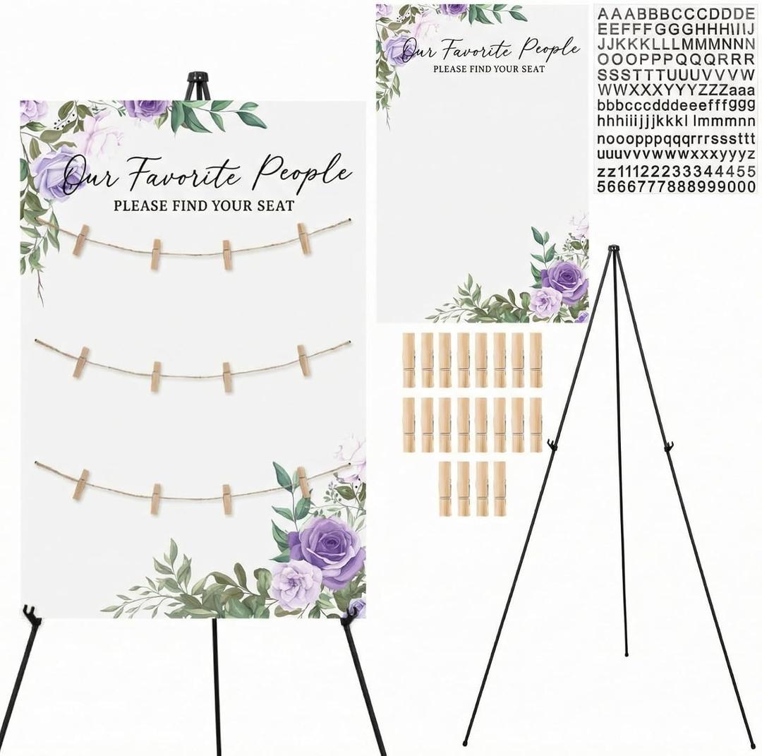 Pinkunn Purple Floral Wedding Seating Chart with Easel Display Stand 15.8 x 23.6 Inch Rustic Wooden Seating Chart Board Please Find Your Seat Sign for Engagement Baby & Bride Shower Wedding Sign Decor