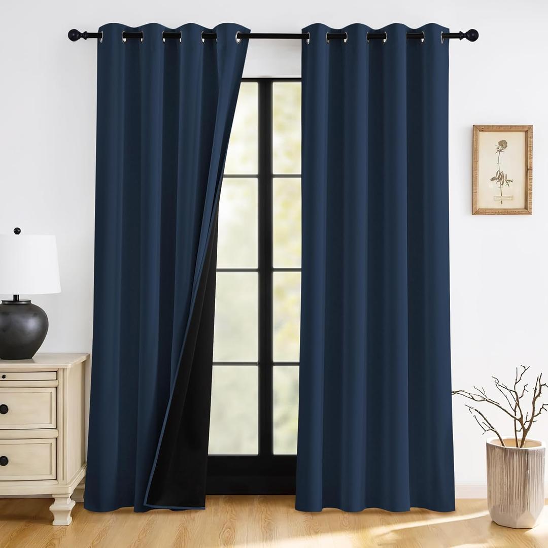 RYB HOME 100% Blackout Navy Blue Curtains for Living Room, Grommet Heat & UV Blocking Total Room Darkening Noise Reducing Curtains for Sunroom Nursery, 52 inches Wide by 90 inches Long
