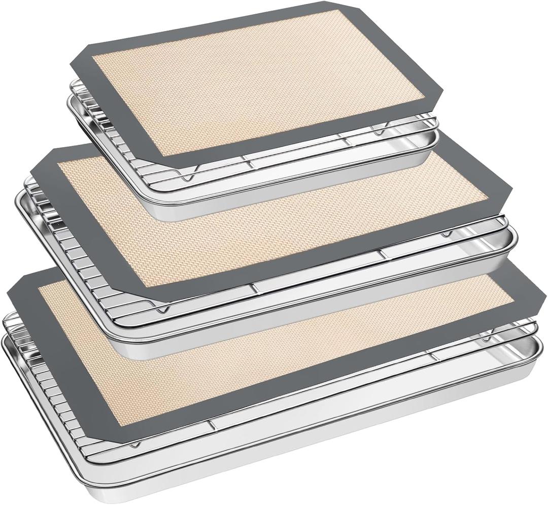 Baking Sheet Tray Cooling Rack with Silicone Mat Set, Stainless Steel Cookie Pan For Oven, Set of 9 (3 Sheets + 3 Racks Mats), Warp Resistant & Heavy Duty & Easy Clean, Grey (Gray)