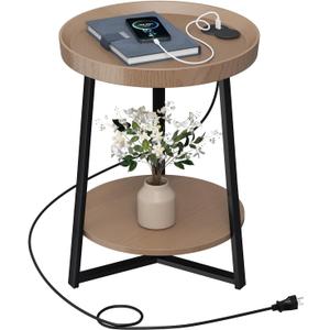 Round End Table with Charging Station, Walnut Color, 15.75"D x 15.75"W x 23"H