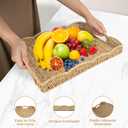 Rectangle Wicker Scalloped Tray, Hand Woven Synthetic Rattan Serving Tray with Handles, Coffee Table Decorative Tray Basket for Modern Boho Rustic Home Ornament or Organizing (Beige)