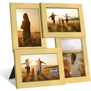 4x6 Collage Picture Frame with Real Glass, 4 Opening Wooden Photo Collage Frame with Stand, Family Multi Picture Frame for Wall or Tabletop Display, 4 Photo Gallery Frame for Home Decor, Gold