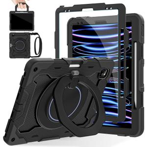 ROISKIN for iPad Pro 12.9 inch Case (6th/5th/4th/3rd generation)with Screen Protector for Kids, 360 Kickstand,Handle, Pencil Holder,Shoulder Strap[15ft Drop Protection]Heavy Duty Rugged 12.9 iPad Case (Ring Stand-Black)