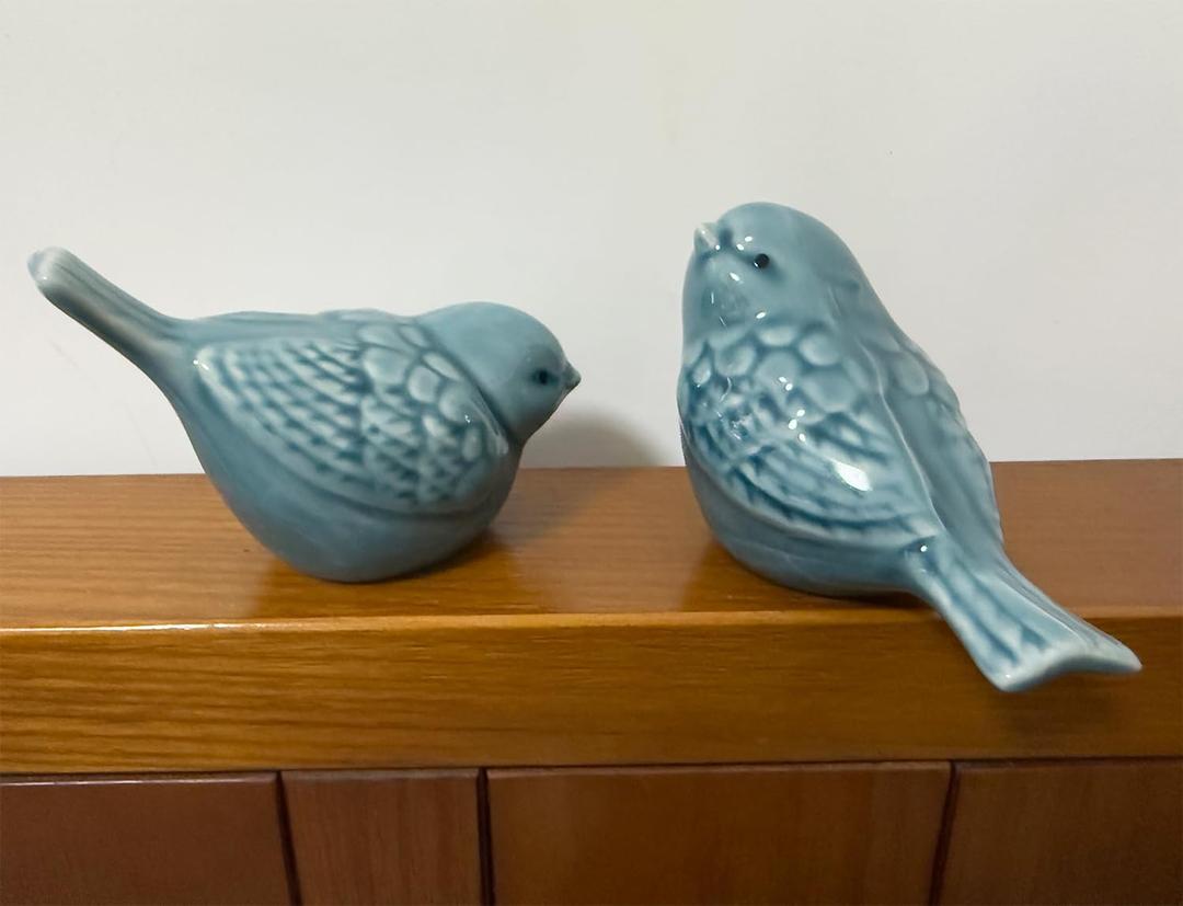 Set of 2 Ceramic Bird Figurines, Small Bird Statues Home Office Decor for Cabinet Shelves Entryway Bookcase TV Stand, Micro Landscape Accessories (Blue, L 4.72 * 3.15")