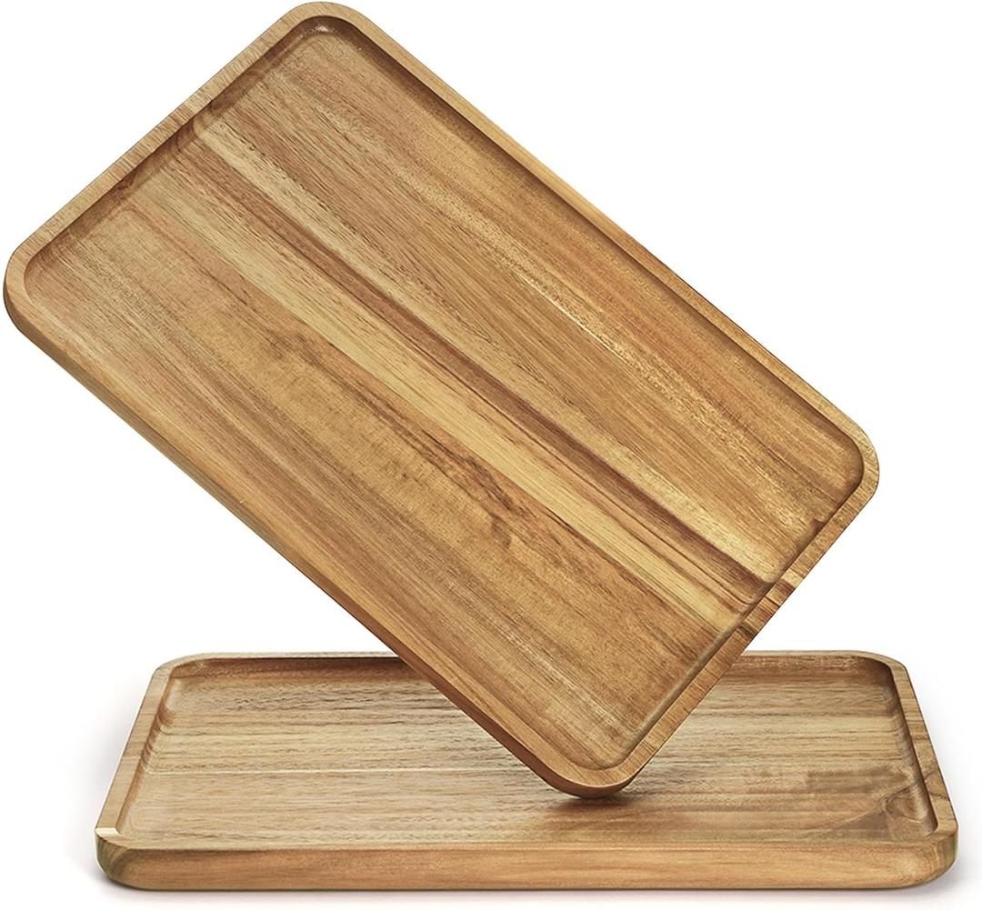 YOUEON Set of 2 Acacia Wood Serving Tray with Raised Edge, 14.2 x 9.5 Inch Rectangular Serving Tray, Appetizer Cheese Plate, Sandwich Dessert Trays, Wood Plates for Food, Coffee, Fruit, Cookie