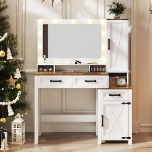 Farmhouse Makeup Vanity with Lighted Mirror, Desk with Charging Station, Table with 3 Lighting Modes, Wood Vanity with Acrylic Boxes for Bedroom, White