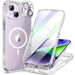 Miracase Glass Series Designed for iPhone 14 Plus Case 6.7 inch, 2023 Upgrade Full-Body Magnetic Clear Case with Built-in 9H Tempered Glass Screen Protector,Compatible with MagSafe,Clear Glitter