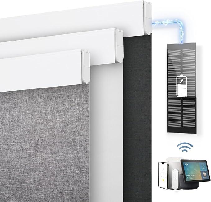 Motorized Blinds with Remote Control, Custom Blackout Smart Shades with Complimentary Solar Panel, Cordless Automatic Roller Shades for Windows (White，34" W x 72" H)