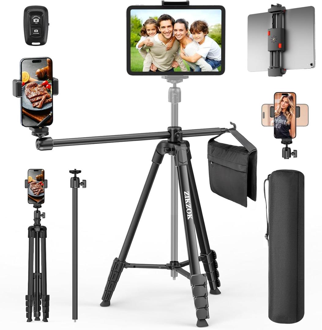 70" Phone Tripod & Selfie Stick, Horizontal Overhead Tripod, Extendable Camera Cell Phone Tripod Stand with Wireless Remote and phone Holder for Filming Video Recording Live Stream