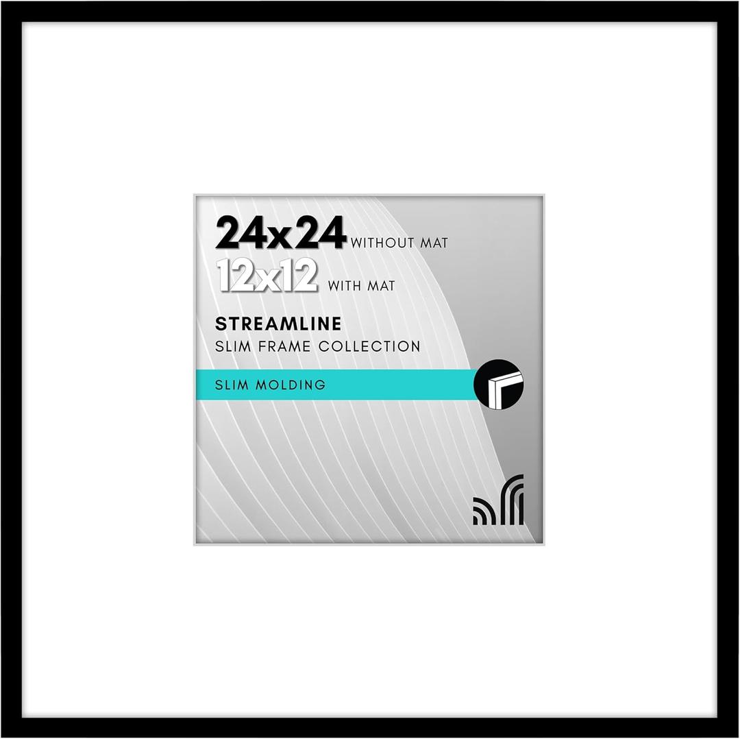 Americanflat 24x24 Picture Frame with Polished Plexiglass - Use as 12x12 Frame with Mat or Display 24x24 Photo Without Mat - Streamline Collection - Thin Border Square Frames for Wall Display - Black
