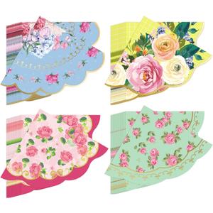 Dandat 100 Pcs Floral Tea Party Napkins 3 Ply Disposable Vintage Flower Guest Napkins Scalloped Tea Party Dinner Table Paper Towels for Birthday Baby Shower Wedding Decor Supplies(Classic Styles)