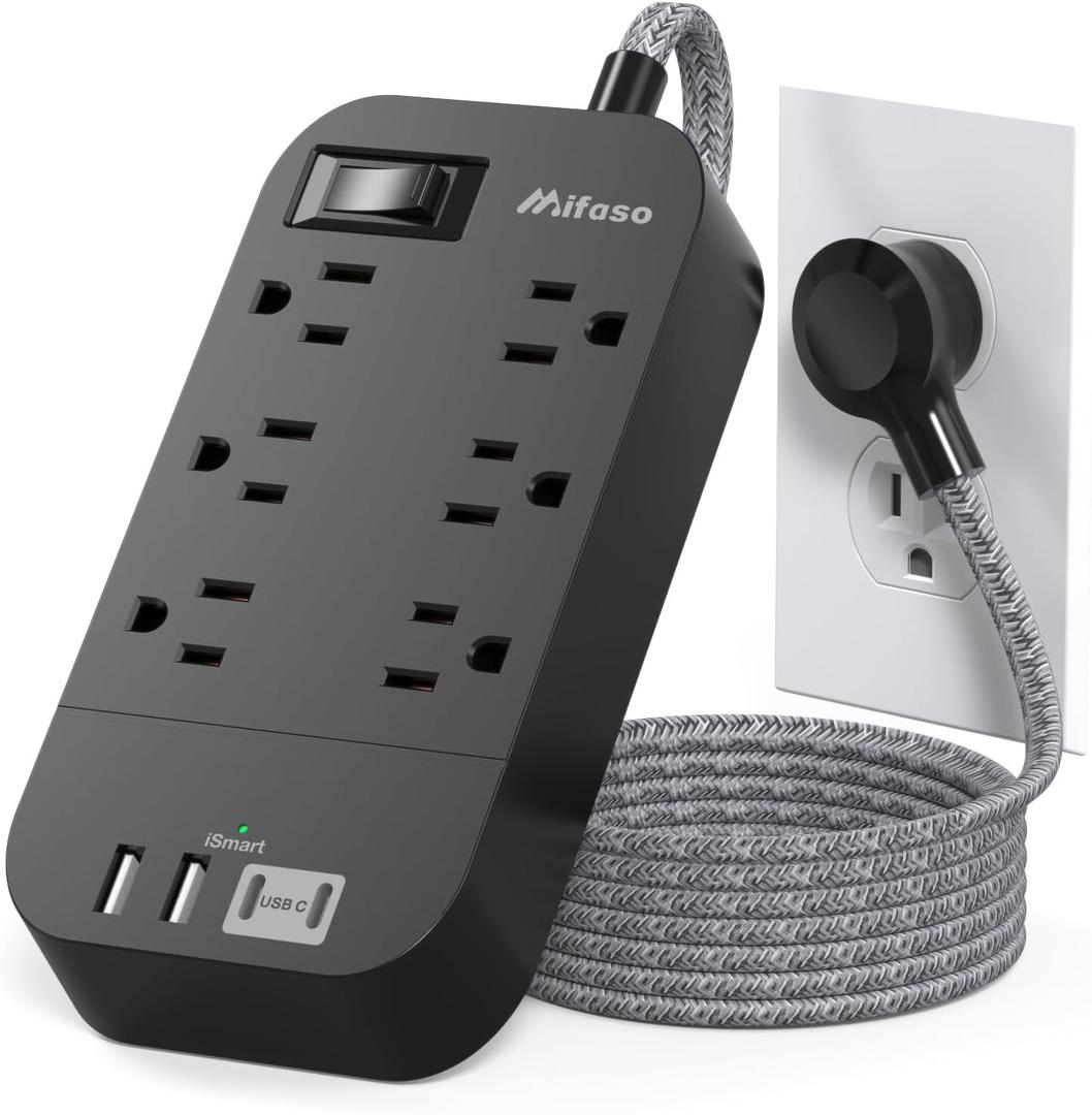 Extension Cord 15 FT, Flat Plug Power Strip, Long Extension Cord with Multiple Outlets with 6 Outlets 4 USB Ports(2 USB C), USB Power Strip for Home, Office, Dorm Room Essentials, College, Black