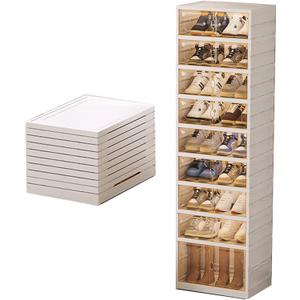 ROOM127 Foldable Shoe Cabinet Shelf with Pulleys,Portable Shoe Rack Organizer for Closet Entryway,Stackable Cabinet with Magnetic Transparent Door,Plastic Storage Cabinet-(9 Layers)