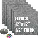 AKTOP Cork Bulletin Board 12x12, 1/2" Thick Felt Cork Board Tiles 6 Pack, Small Square Pin Board for Wall, Self Adhesive Corkboards with 60 Push Pin Wood Clips for School, Home & Office, Grey