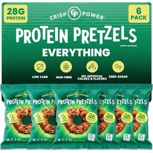 CRISP POWER Protein Pretzels, Everything, 28G Protein, High Protein Snack, High Fiber, Low Carb Crunchy Pretzel Snacks, No Added Sugar, 1.75 oz Bags, 6 Pack, Vegan, Keto