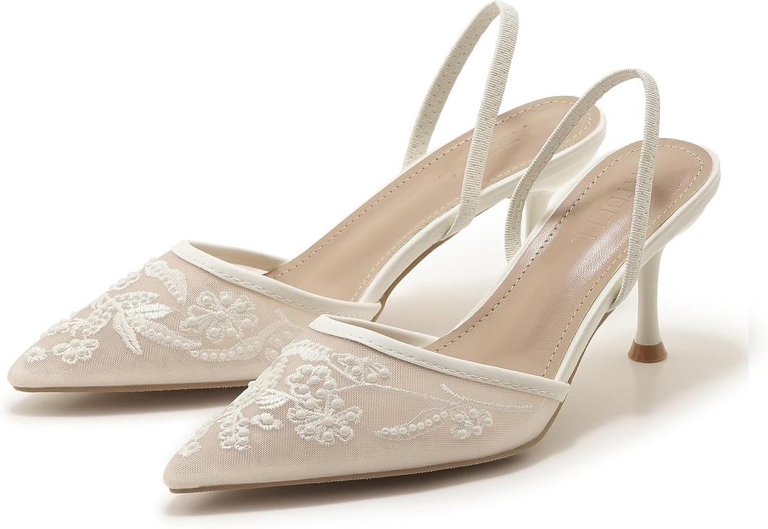 Embroidered Mesh Slingback Heels for Women White Pearl Kitten Heel Pumps Pointed Toe Backless Wedding Shoes (Size 7)