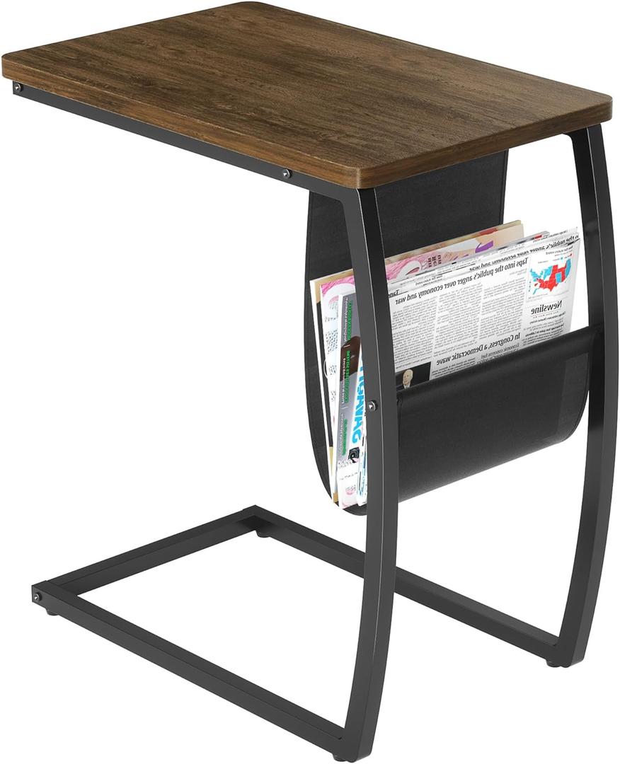 SRIWATANA Side Table End Table, Vintage C Shaped Couch Table with Side Pocket for Sofa Laptop Coffee Snack, Walnut