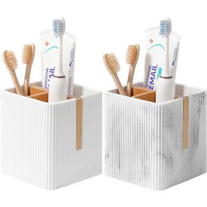 rejomiik Toothbrush Holders for Bathrooms Countertop, 3 Slots Electric Tooth Brushing and Toothpaste Storage Organizer Stand for Toiletries and Beauty Accessories, Marble White