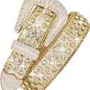 Men Fashion Rhinestone Belt Western Bling Studded Design Leather Diamond Belt for Jeans (Xl:fits waist size 43''-47'', Gold)