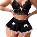 Foxiny Plus Size Curvy Sexy Stocking Mini Skirt Wireless Mesh Lace Garter Lingerie with Thong Set 4 Pieces Women Sheer Floral See Through Bra Panty Outfits Choker Bows, Black Pink, Size: 4X-Large