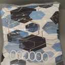 4Pcs Sky Blue Geometric Shower Curtain Set with Navy Blue Abstract Art, 12 Hooks, Bath Mat and Rugs