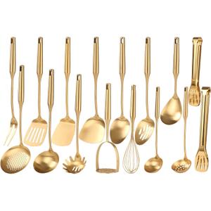 Gold Cooking Utensils Set - 18/10 Stainless Steel Small and Large Spoons Set, 16 PCS All Metal Kitchen Tools, Serving Utensils - Whisk, Masher, Fork, Tongs, Spatula, Turner, Ladle, Skimmer, Pasta