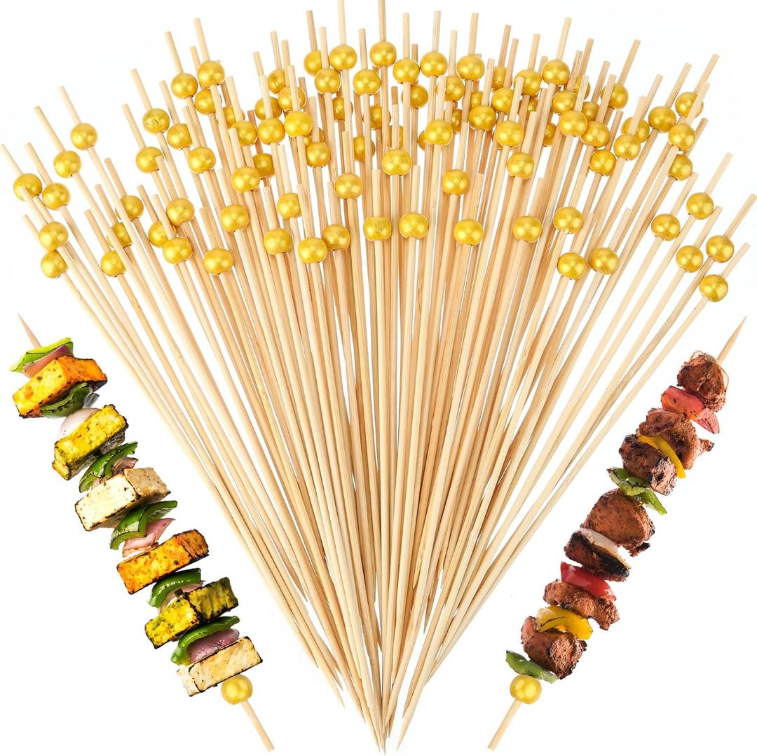 100 Pcs 8 Inch Long Cocktail Picks Fancy Toothpicks for Appetizer Bamboo Cocktail Sticks for Fruit Drink Dessert Barbecue Charcuterie Pearl Skewers for Wedding Birthday Baby Shower Party (Gold)