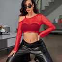 Avidlove Mesh Crop Tops for Women Long Sleeve Fishnet Shirt See Through Tops Rave Outfits Party Clubwear (Red)