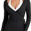 YEOREO Women Pilates Wrap Top Long Sleeve Tie Ballet Workout Yoga Shirt Michelie Y2K V Neck Cropped Tops (Medium, Black)