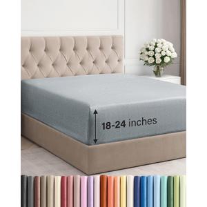 Extra Deep Queen Fitted Sheet - Hotel Luxury Single Fitted Sheet Only - Easily Fits 18 inch to 24 inch Mattress - Ultra Soft, Wrinkle Free w/Extra Deep Pockets - Breathable & Comfy - Heathered Blue